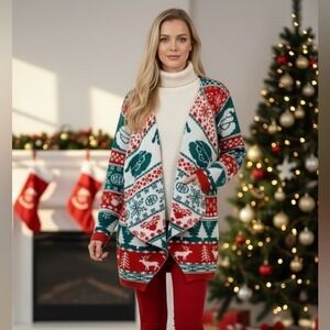 NEW Santa‎ Christmas Sweater Medium Open Cardigan Reindeer Women's